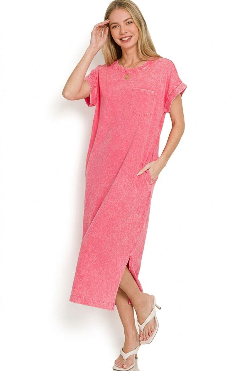 Washed Exposed Seam Short Sleeve T-Shirt Dress in Fuchsia for Women
