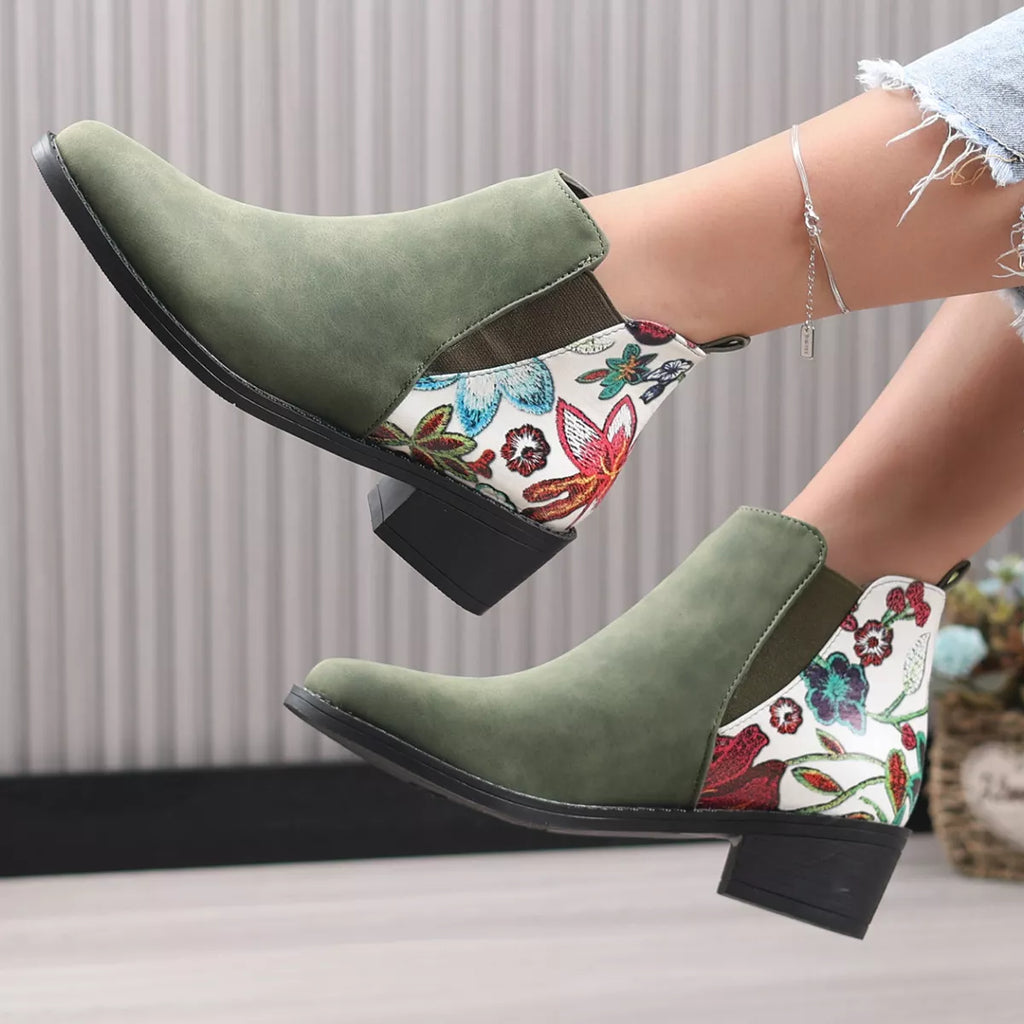 Point Toe Block Heels Ankle Boots in Pure Green for Women