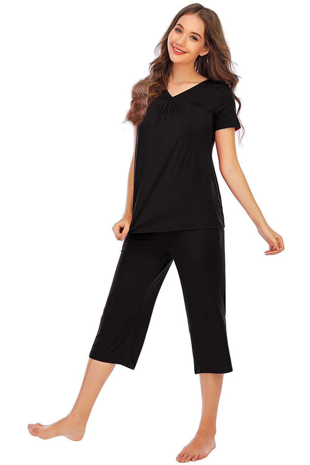 V-Neck Short Sleeve Top and Pants Lounge Set in Black for Women