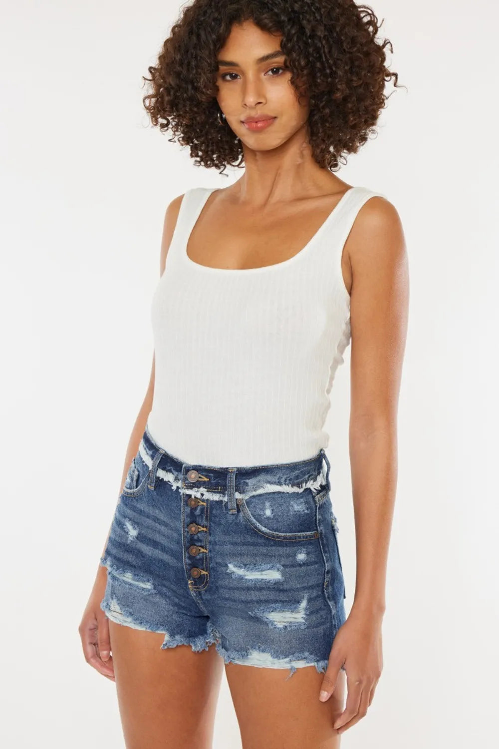 Distressed Button Fly Denim Shorts in Dark for Women