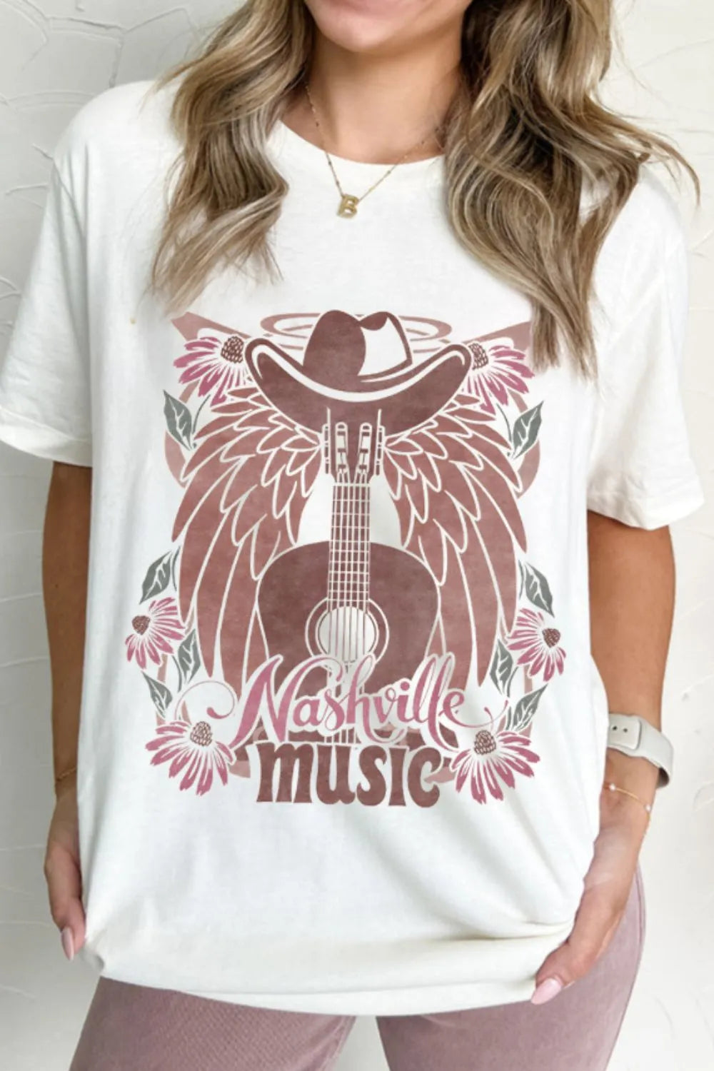 Nashville Music Guitar Wings Graphic Round Neck T-Shirt in White for Women