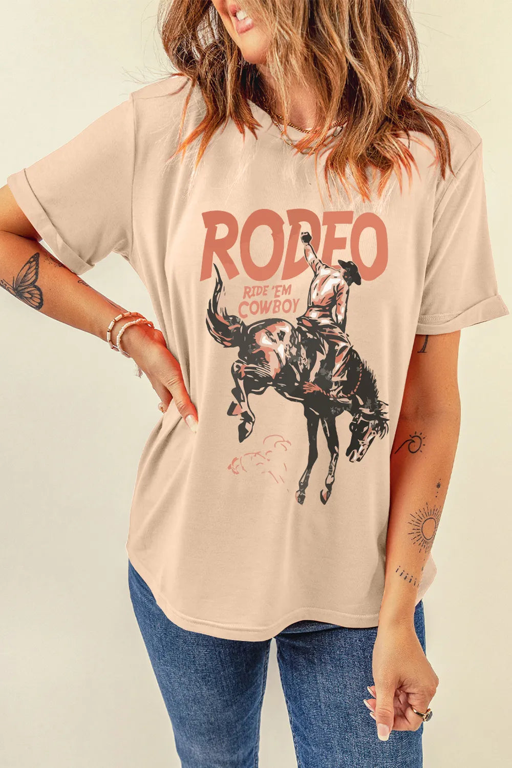 Cowboy Graphic Round Neck Short Sleeve T-Shirt in Tan for Women