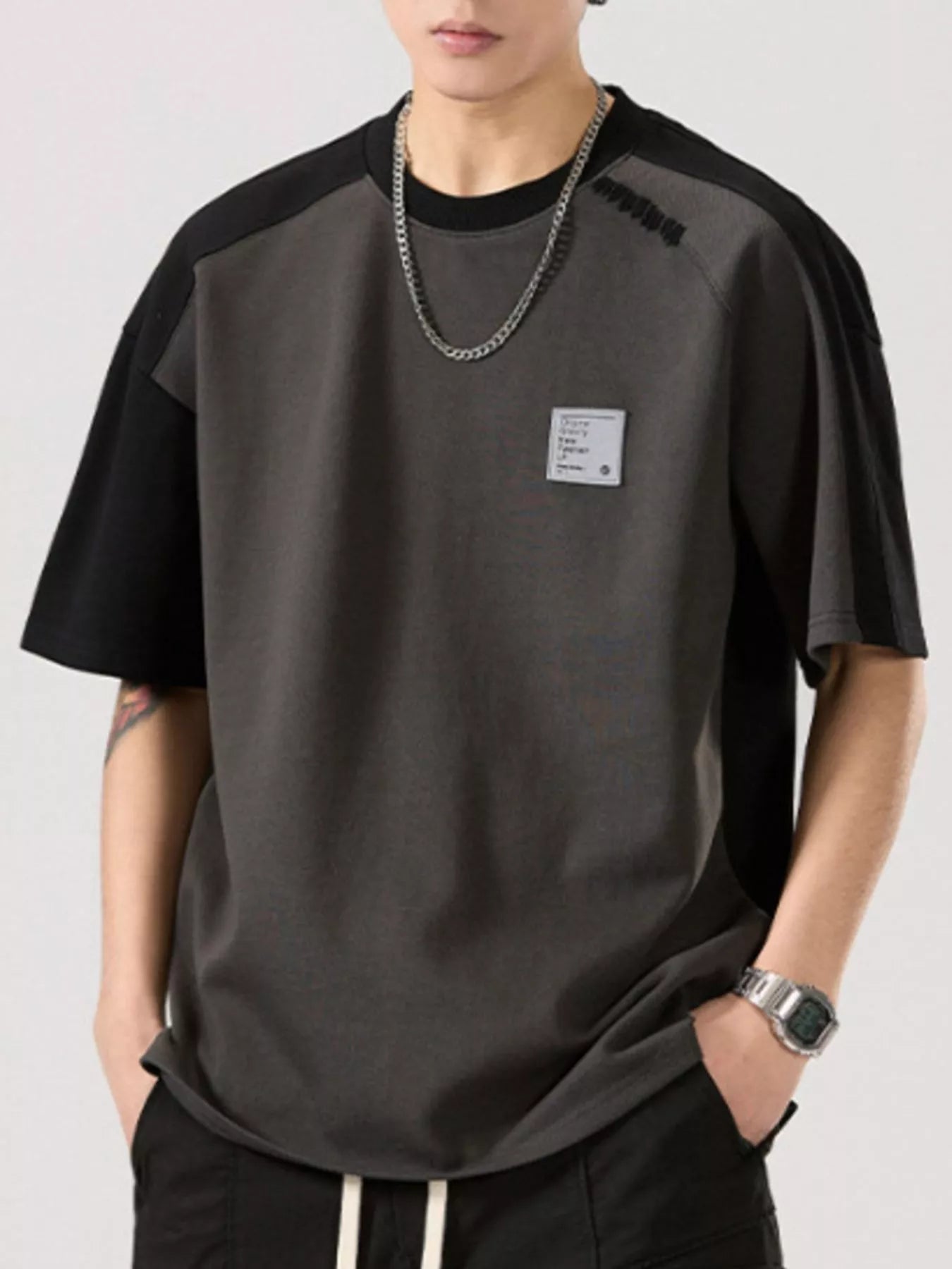 Contrast Round Neck Short Sleeve T-Shirt Plus Size in Retro Hemp Gray for Men