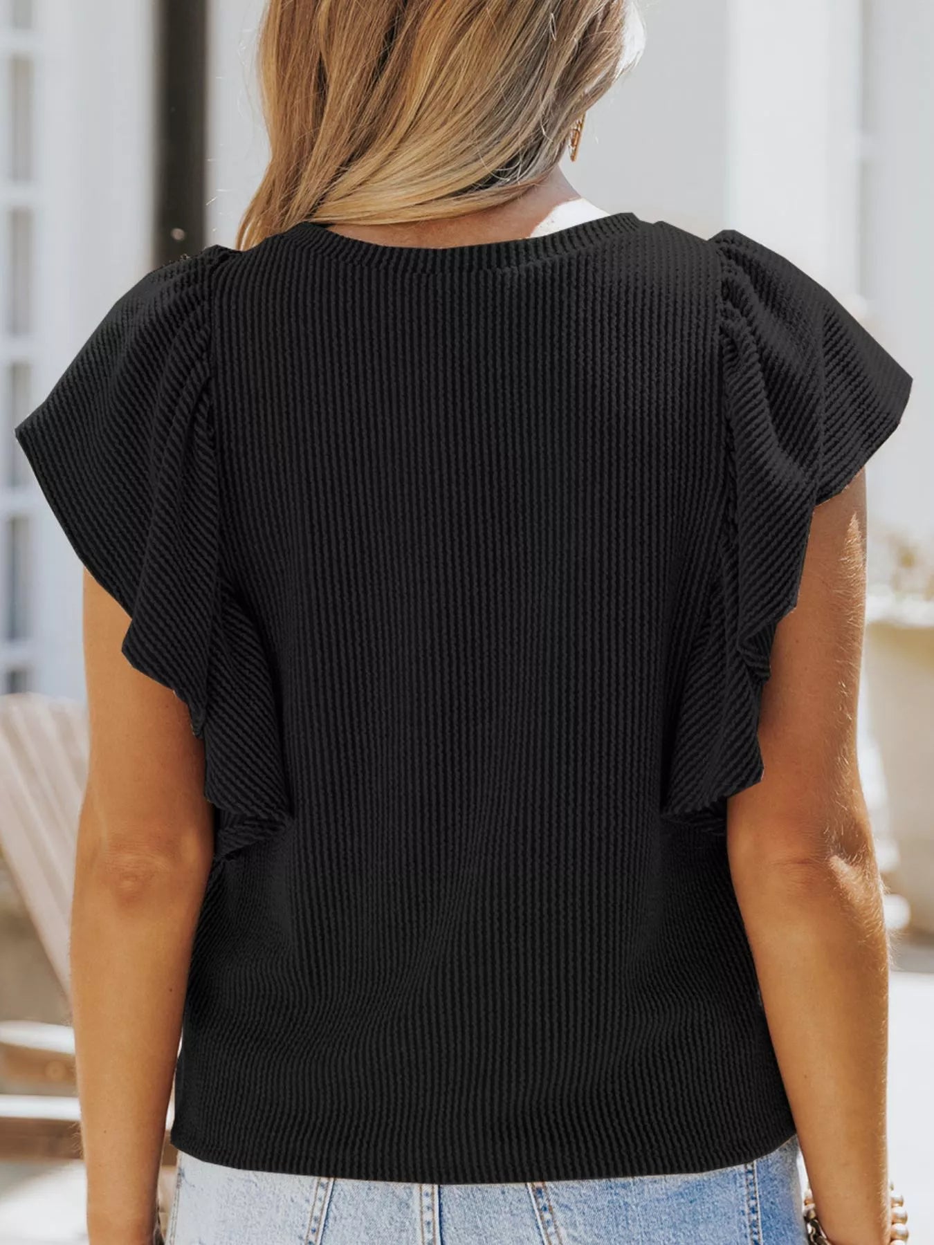 Ruffled Sleeve Ribbed Knit T-Shirt Plus Size in Dark Green for Women
