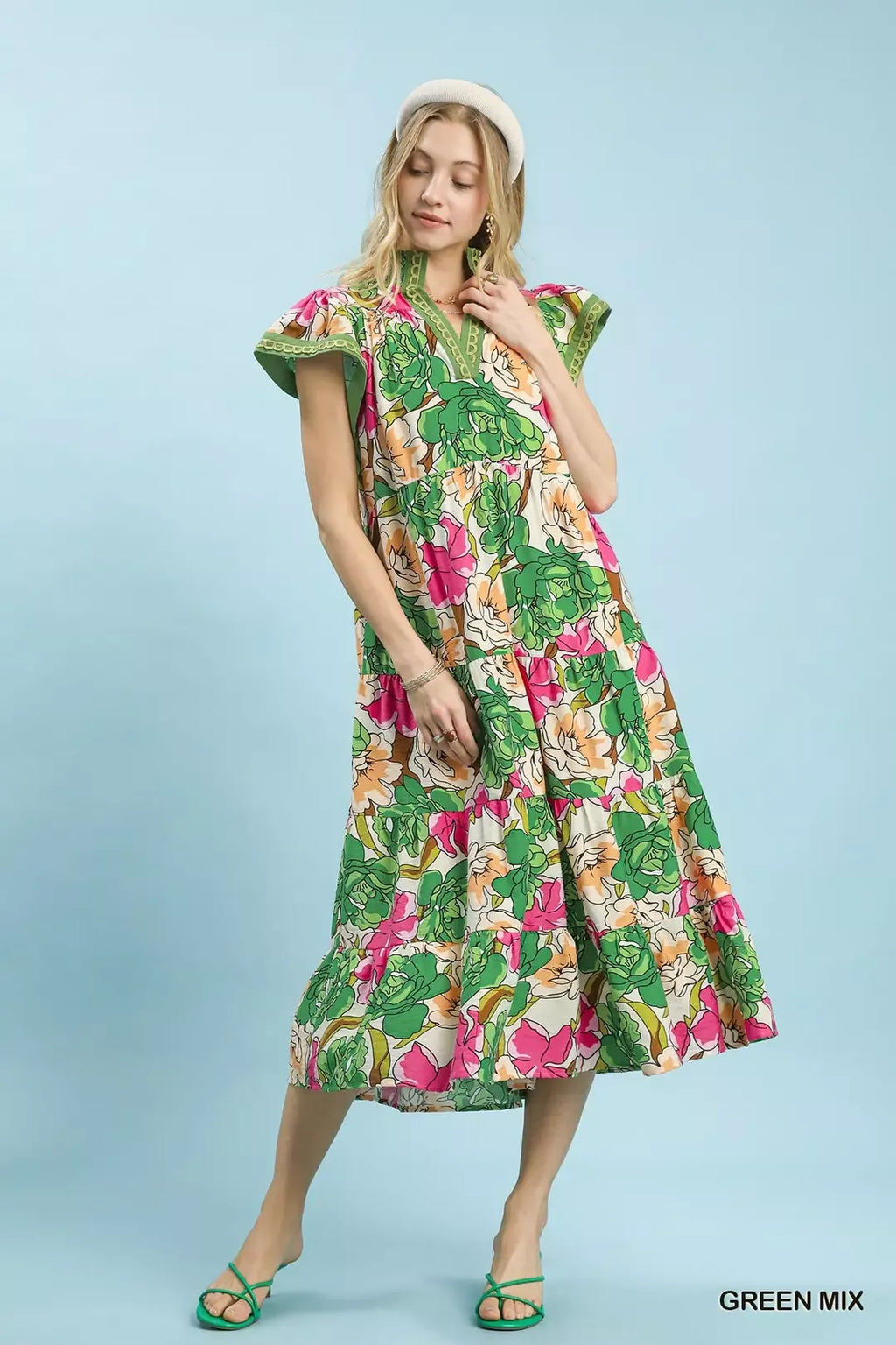 Mix Bold Floral Tiered Midi Dress in Green Mix for Women