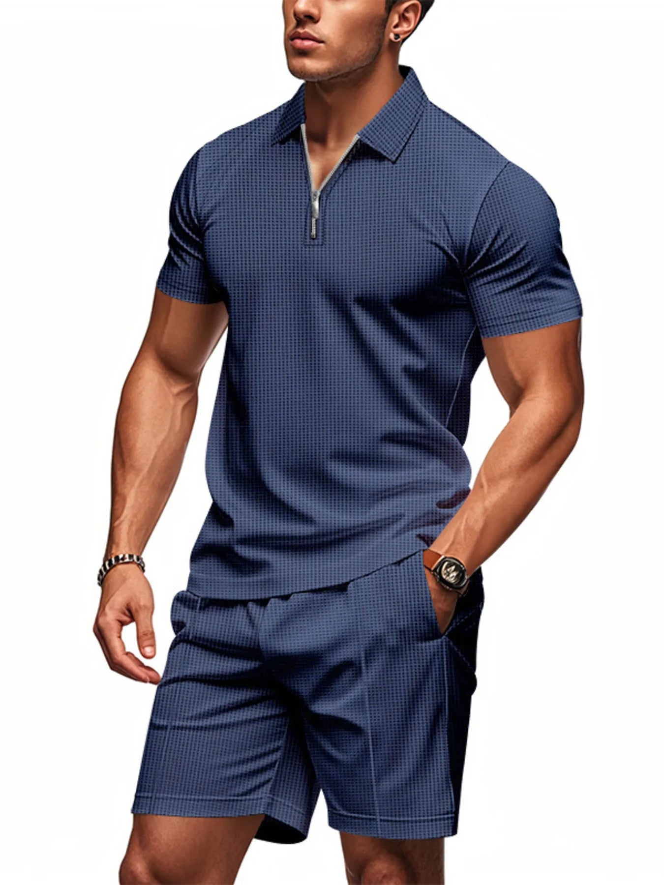 Plus Size Quarter Zip Short Sleeve Top and Shorts Set in Green for Men