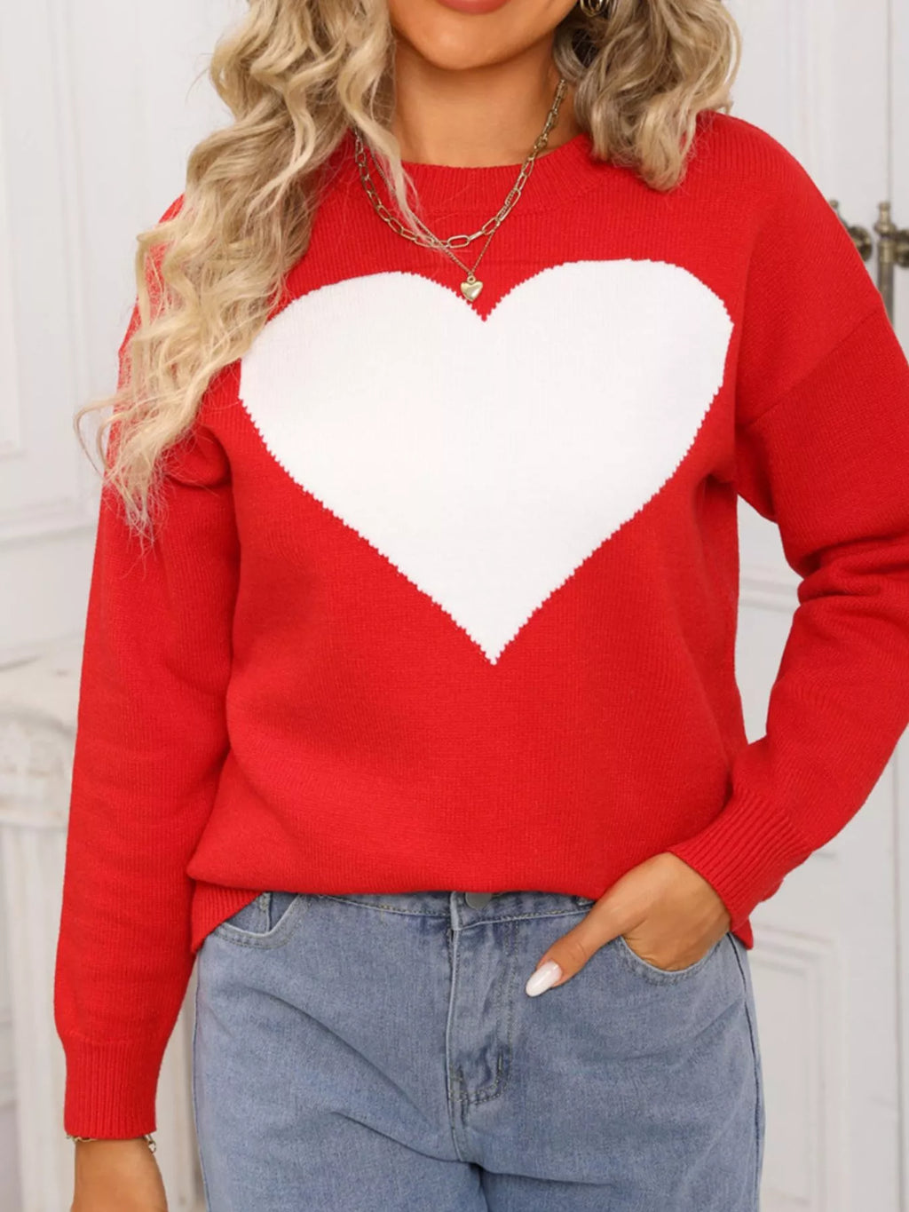 Valentines Day Heart Round Neck Dropped Shoulder Sweater in White in Rose Red for Women