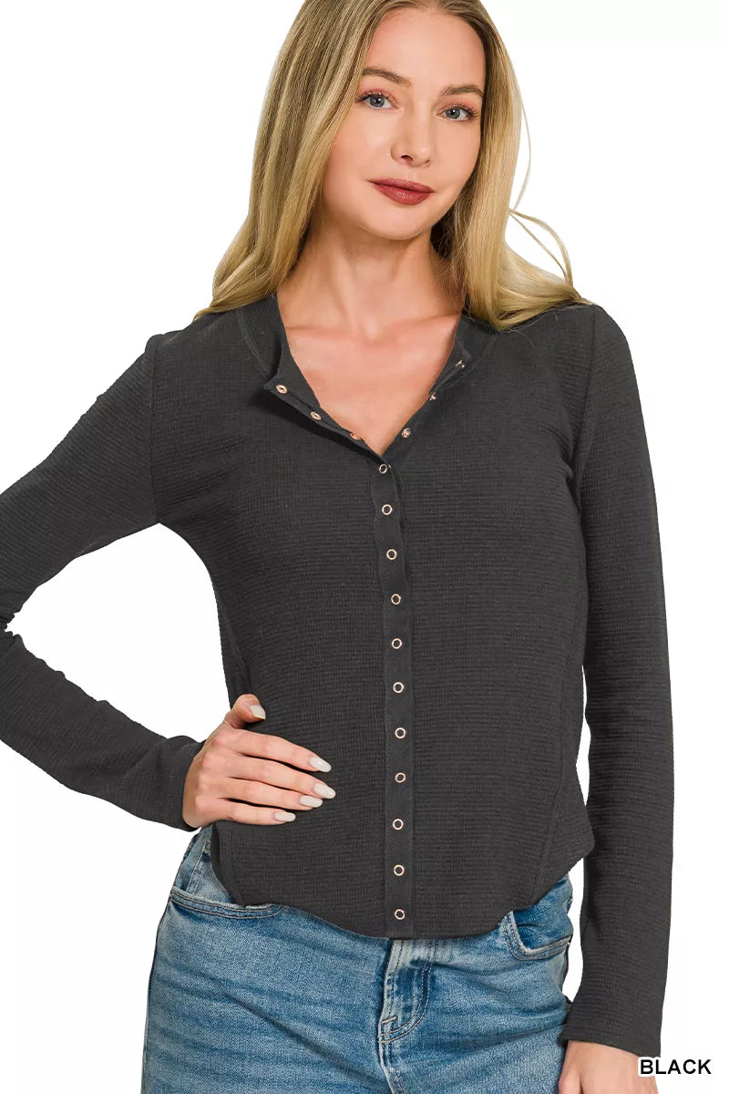 Double Knit Snap Button Shirts in Black for Women