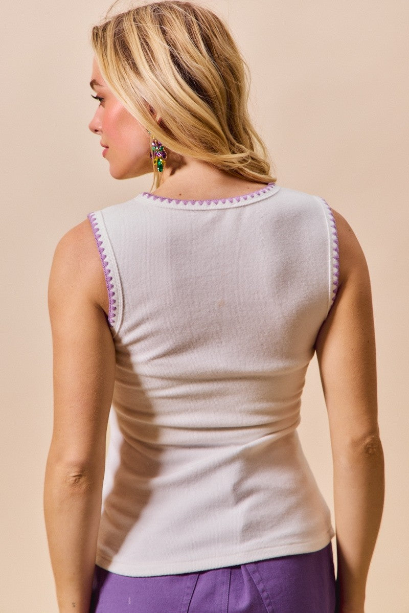 Mardi Gras Tank Top with Contrast Blanket Stitch in Off White for Women