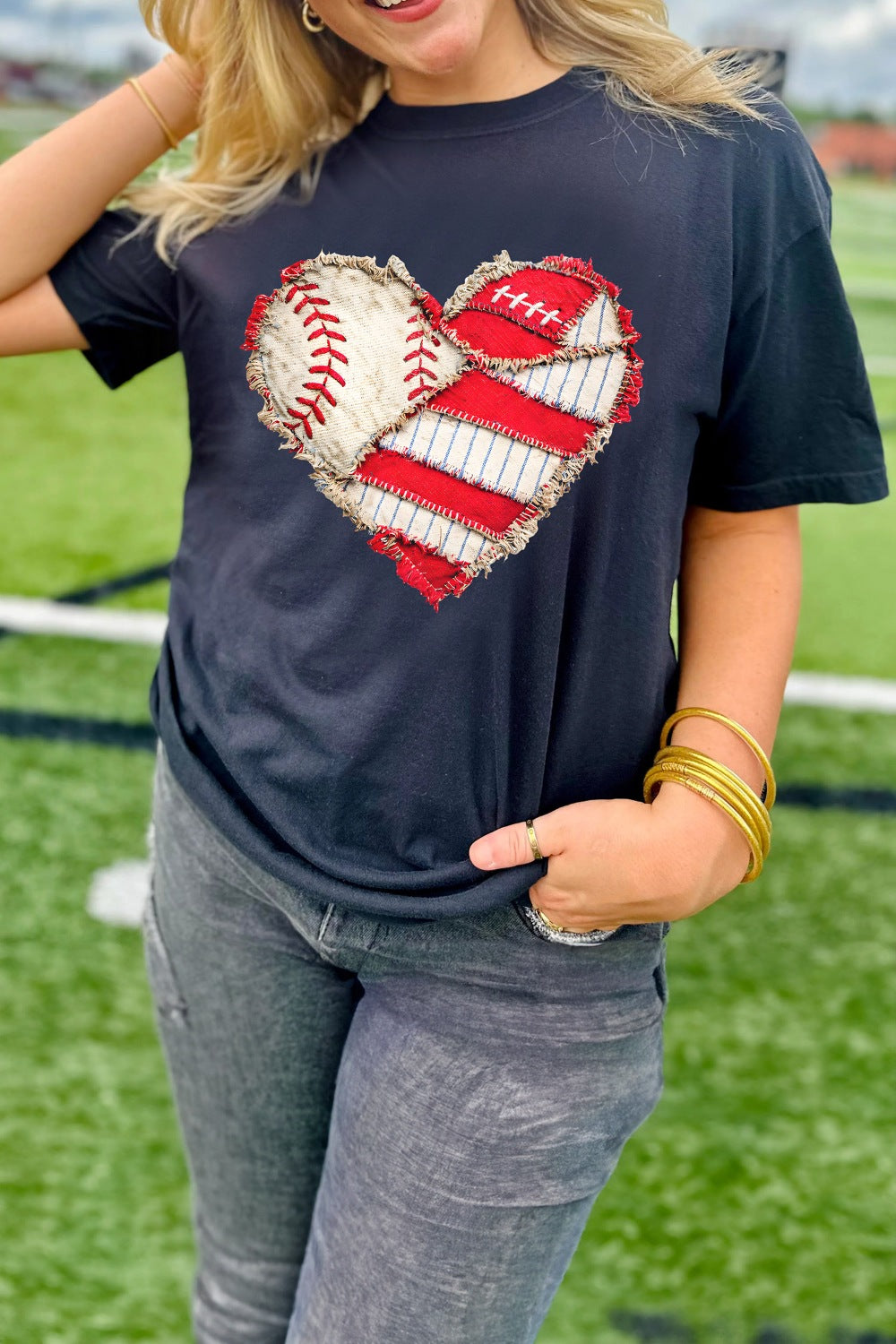 Baseball Distressed Heart Short Sleeve T-Shirt in Black for Women