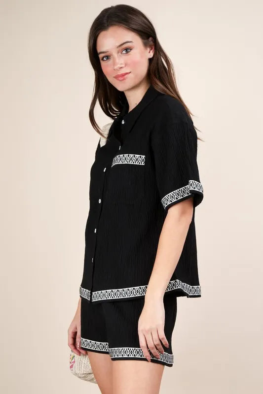 Crinkled Woven Shirt Top & Shorts Set in Black for Women