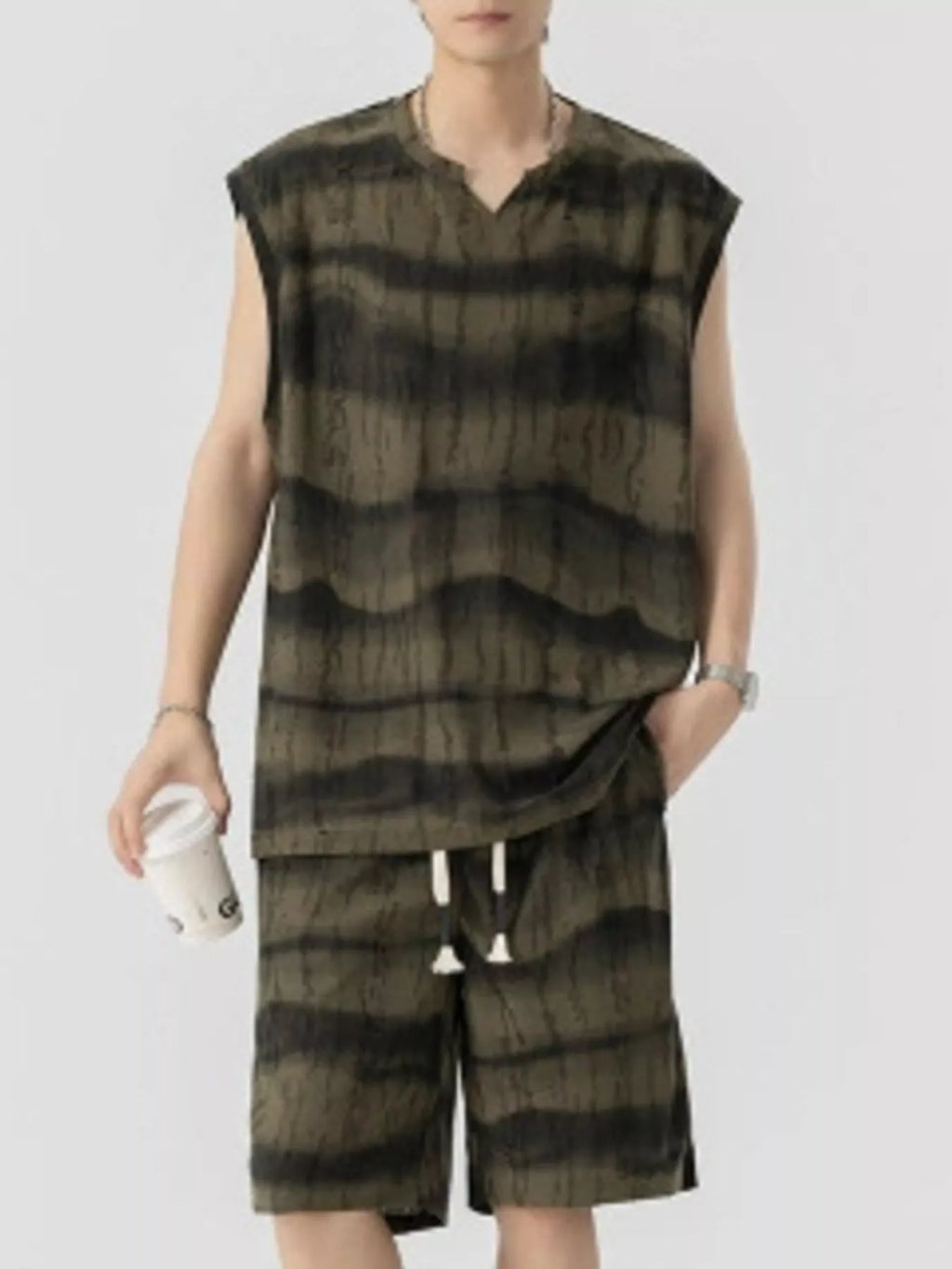 Plus Size Striped Tank and Shorts Set in Sage for Men