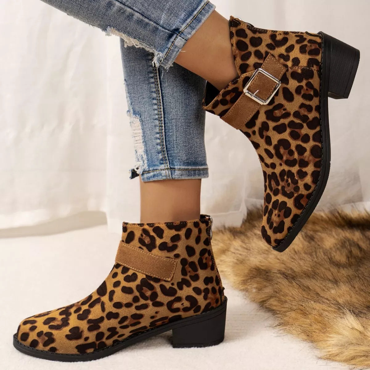 Point Toe Block Heels Boots in Leopard Print for Women