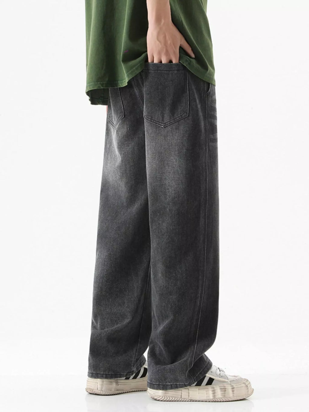 Drawstring Wash Wide Leg Jeans Plus Size in Vintage Blue for Men
