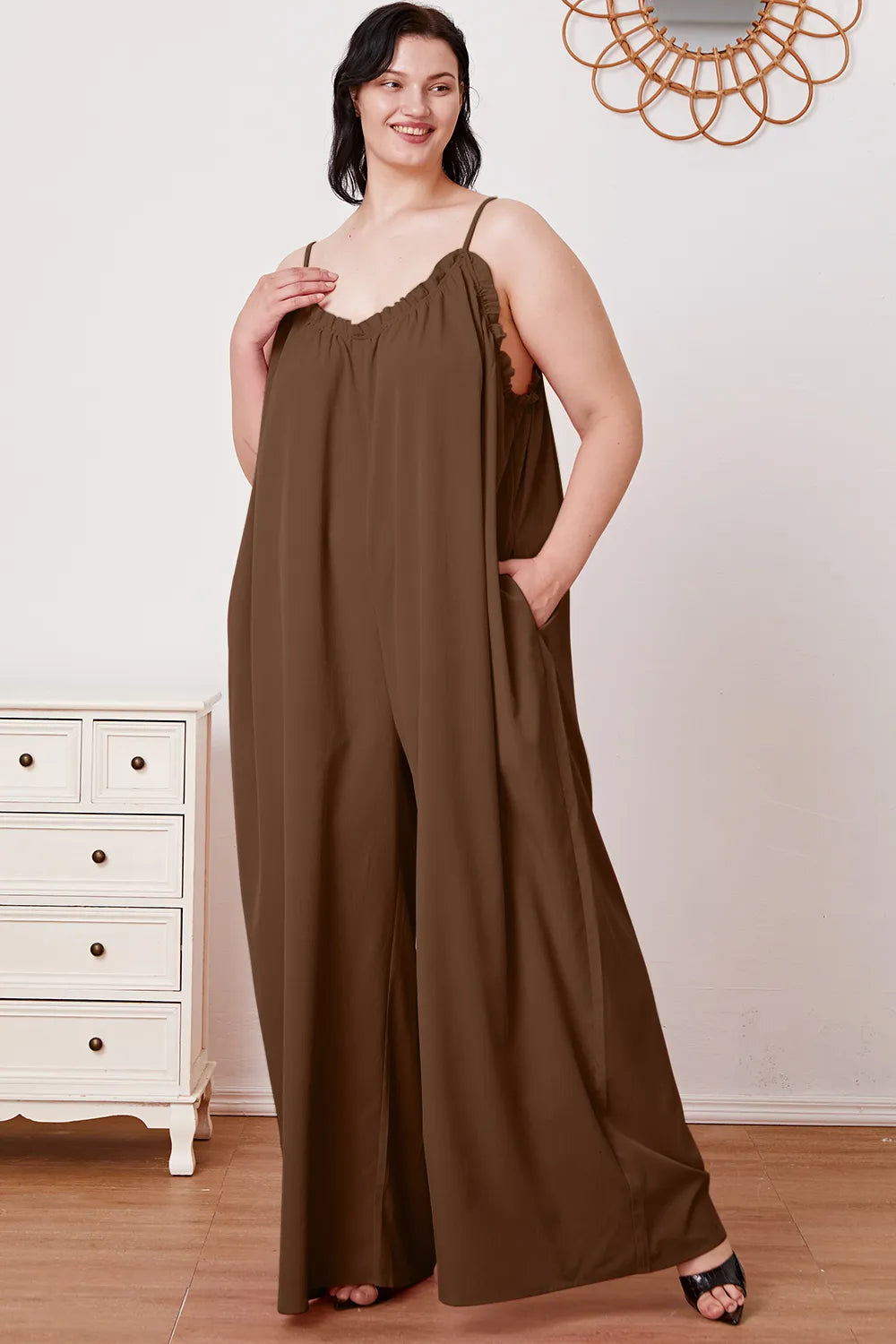 Plus Size Ruffle Trim Tie Back Cami Jumpsuit with Pockets in Mocha for Women