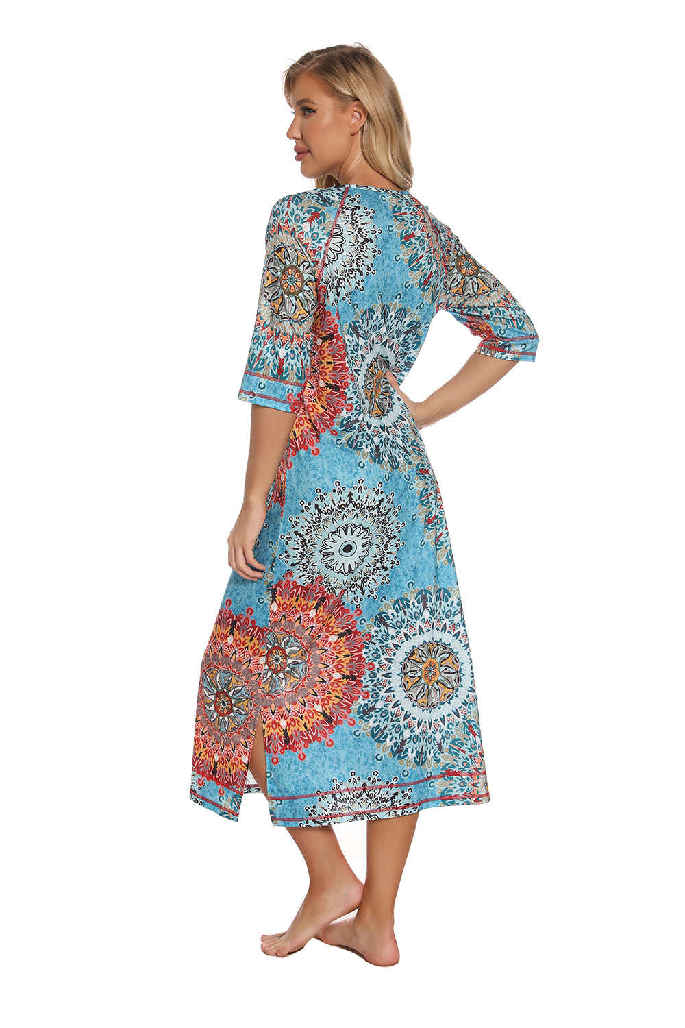 Printed Slit Night Dress with Pockets in Army Green for Women