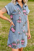 Floral Print Denim Shirt Dress in Medium for Women