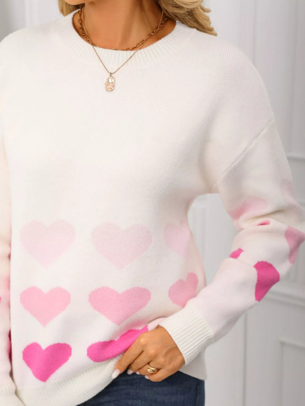 Valentines Day Heart Pattern Crew Neck Sweater in Apricot for Women