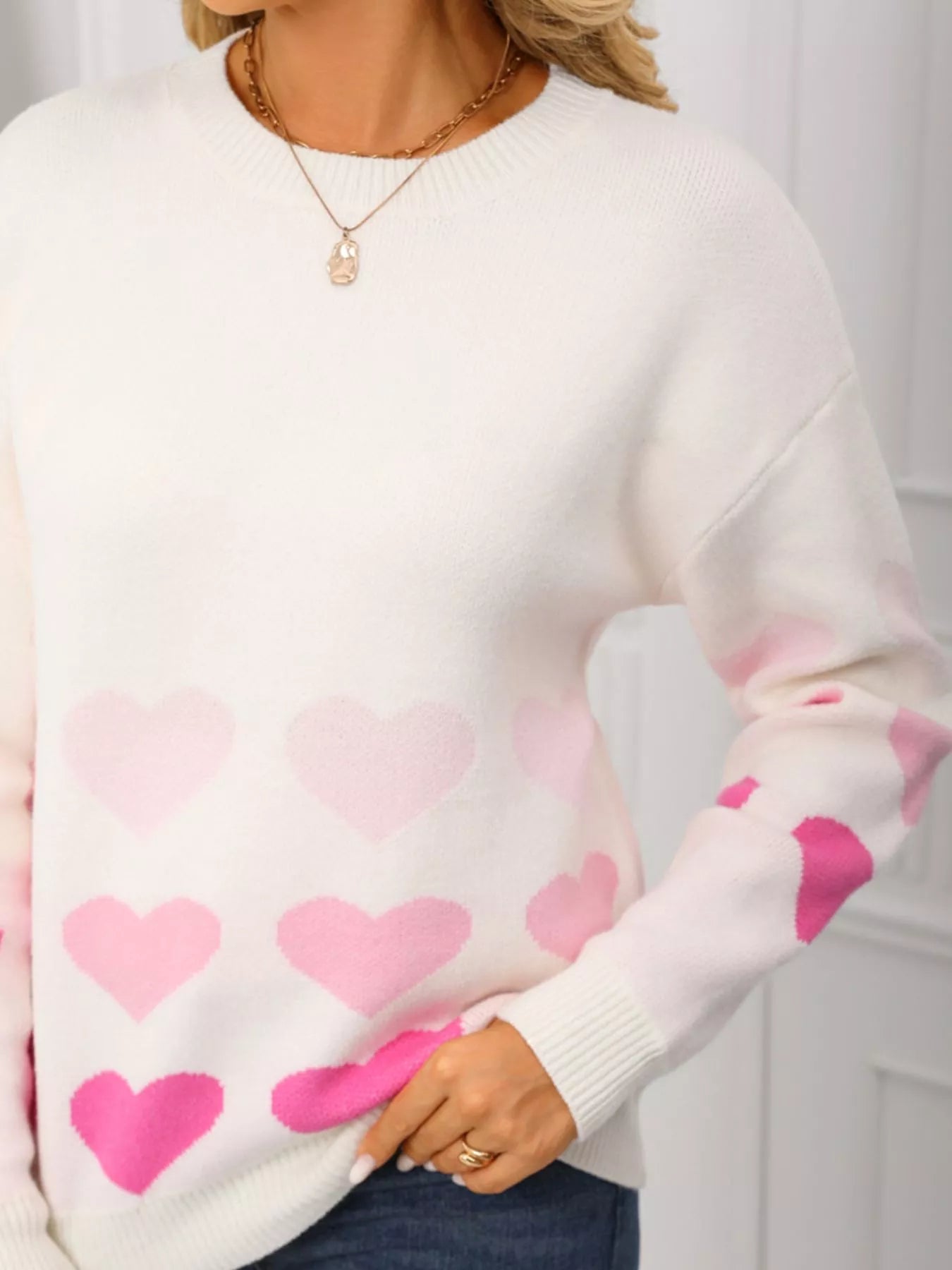 Valentines Day Heart Pattern Crew Neck Sweater in Apricot for Women