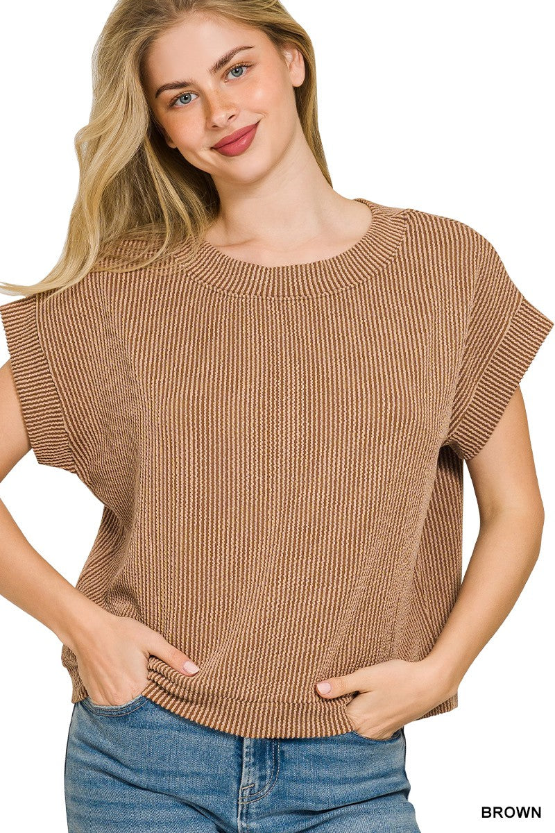 Raised Rib Cap Sleeve Top in Brown for Women