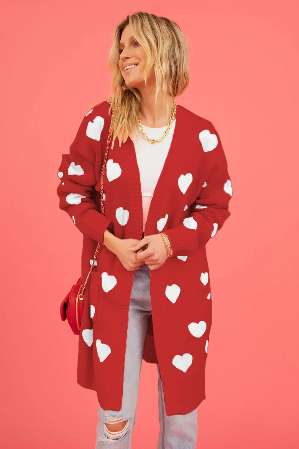Heart Graphic Open Front Cardigan with Pockets in Red for Women