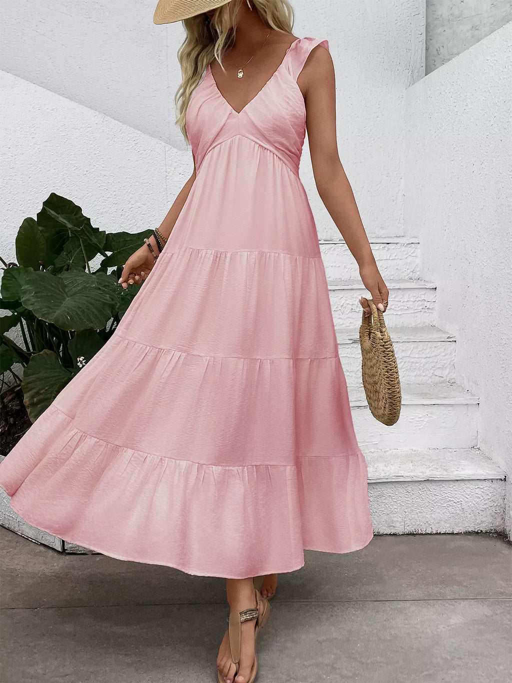 V-Neck Tiered Dress with Flutter Sleeves for Women
