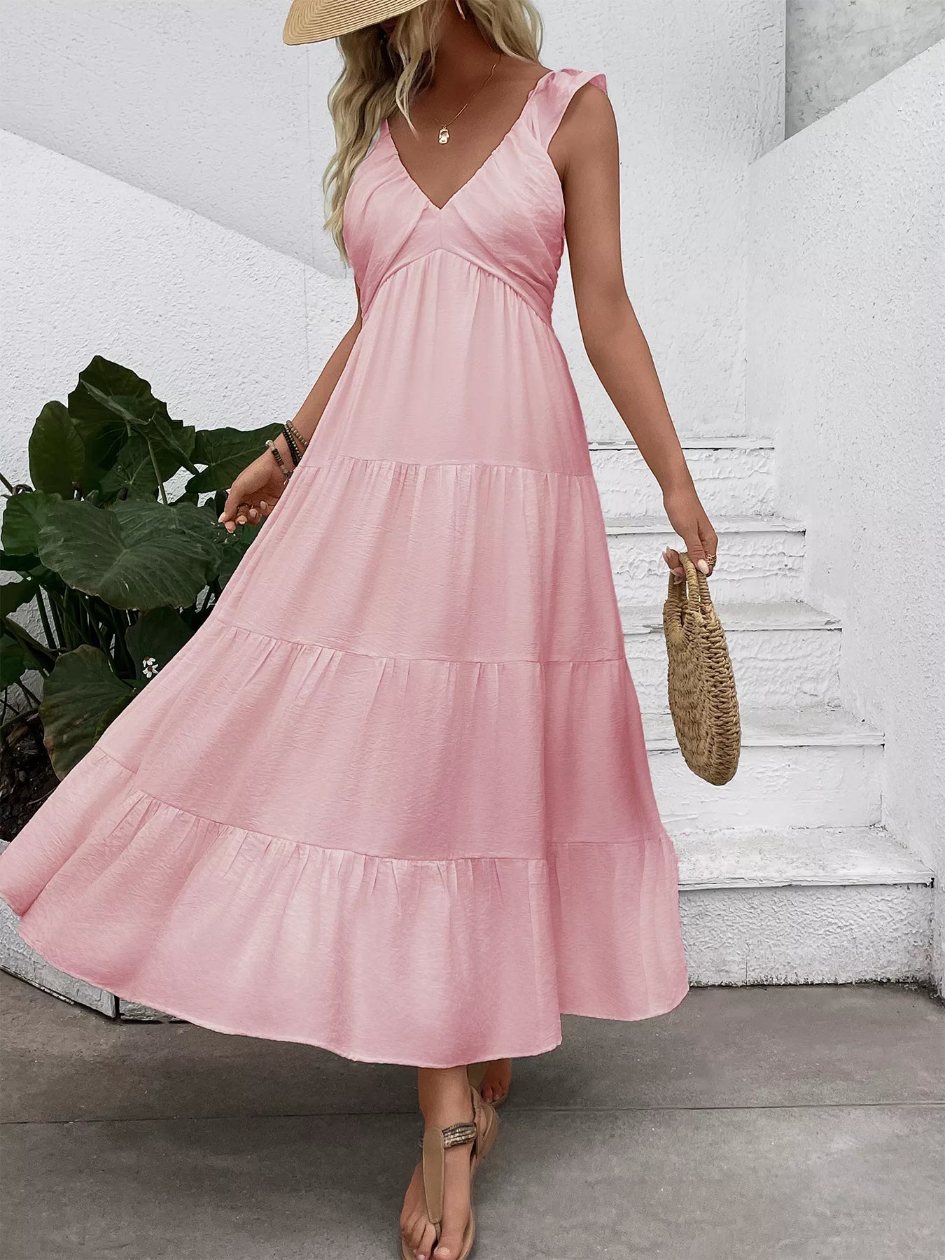 V-Neck Tiered Dress with Flutter Sleeves for Women