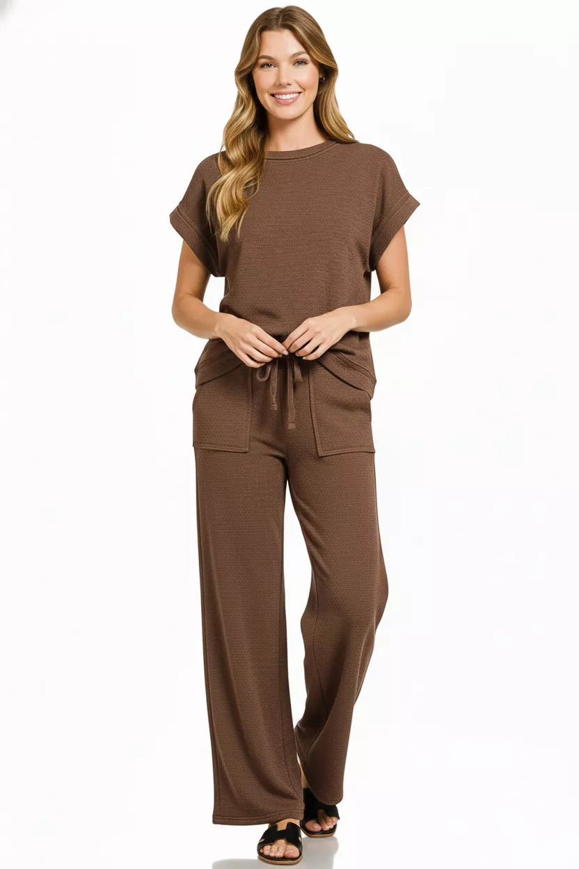 Cotton Slub Short Sleeve Tee and Pants Set in Brown for Women