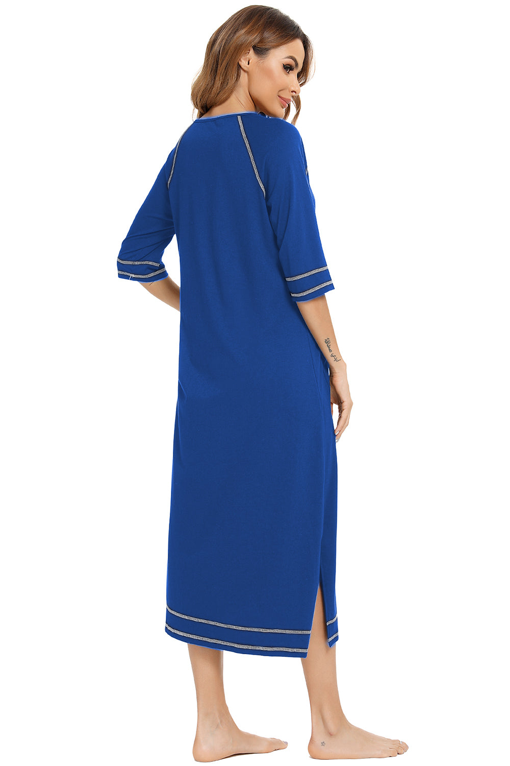 Zip Up Slit Round Neck Night Dress with Pockets in Violet for Women