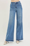 Tummy Control Elastic Band High Rise Wide Jeans in Medium for Women