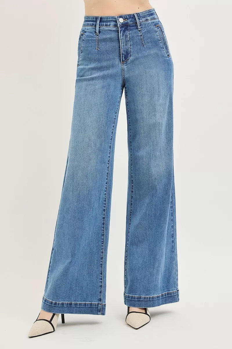 Tummy Control Elastic Band High Rise Wide Jeans in Medium for Women