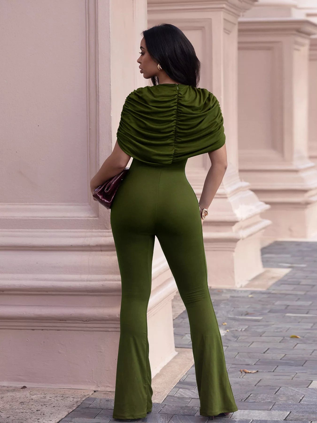 Ruched Flare Leg Jumpsuit in Black Forest for Women