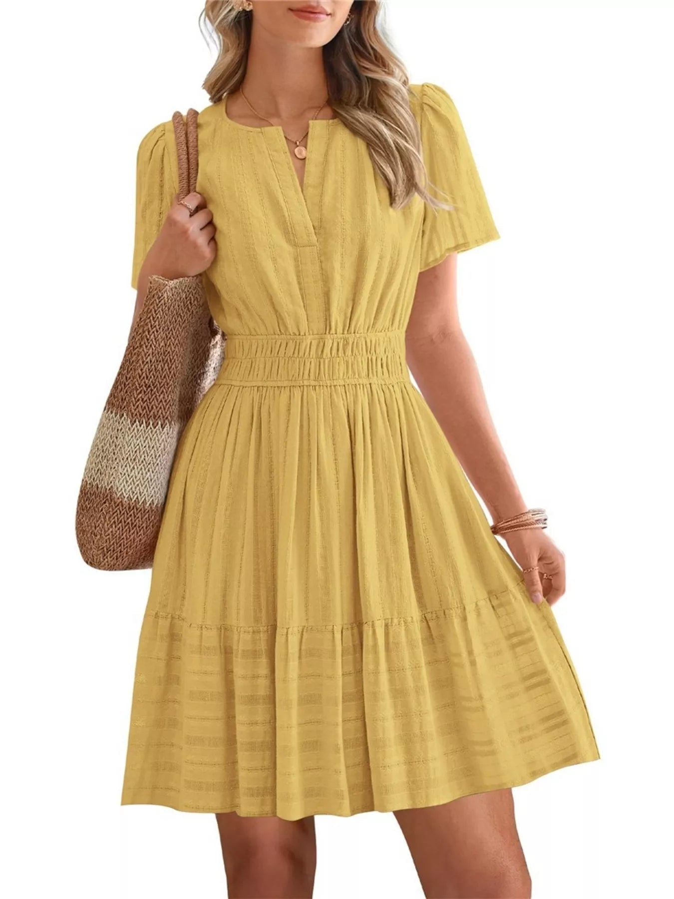Short Sleeve Smocked Waist Tiered Dress in Red for Women