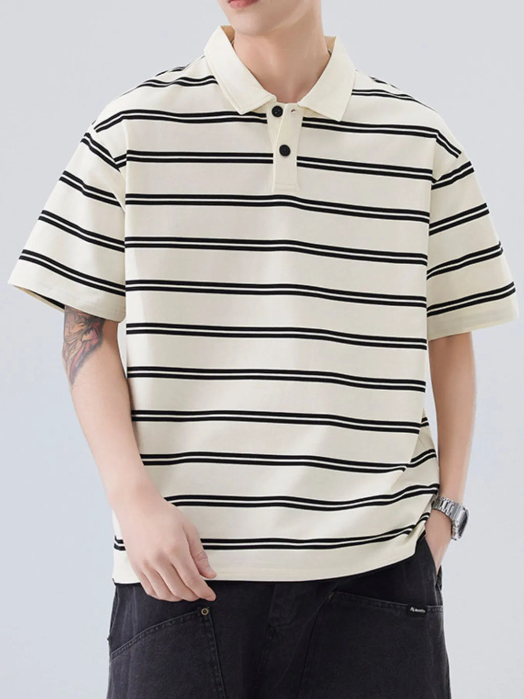 Plus Size Striped Half Sleeve Polo in Black for Men