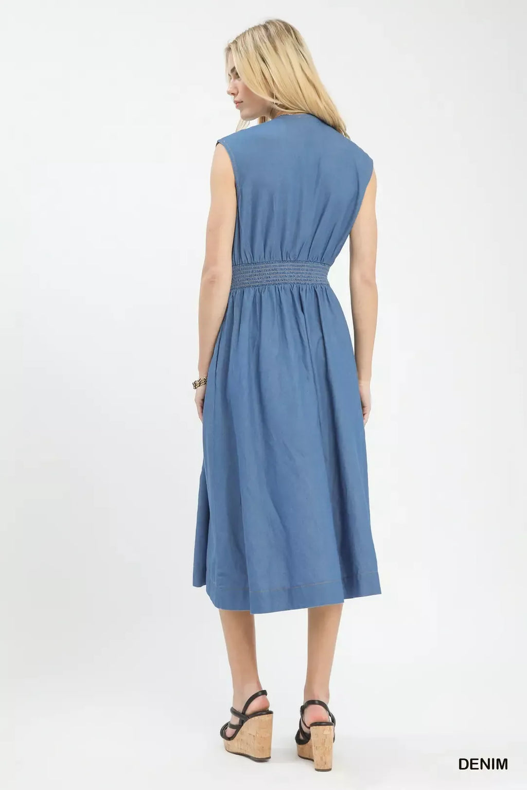 Denim Sleeveless Zip-Front Smocked Waist Midi Dress for Women