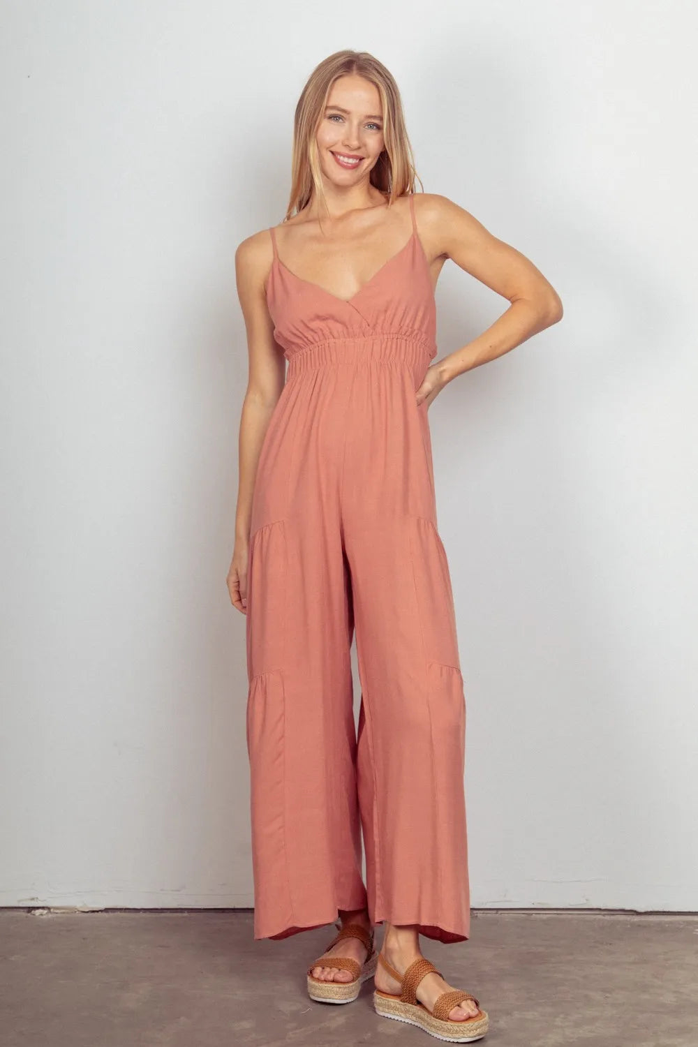 Sleeveless Ruched Wide Leg Jumpsuit in Blush for Women