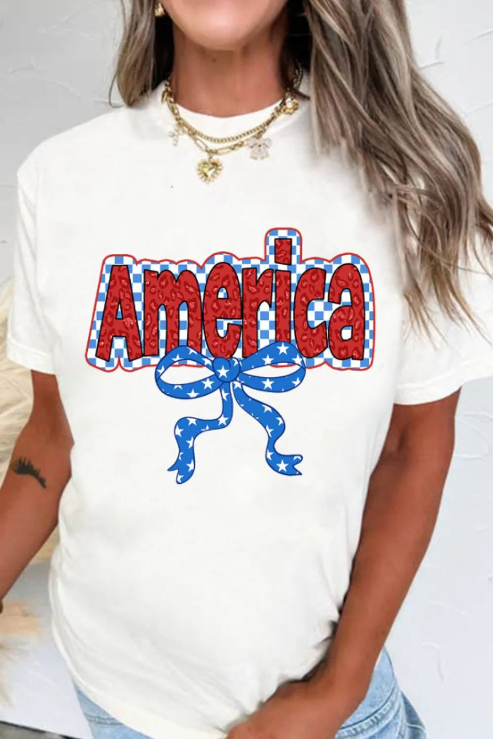 Funky America Letter Bow Round Neck T-Shirt in White for Women