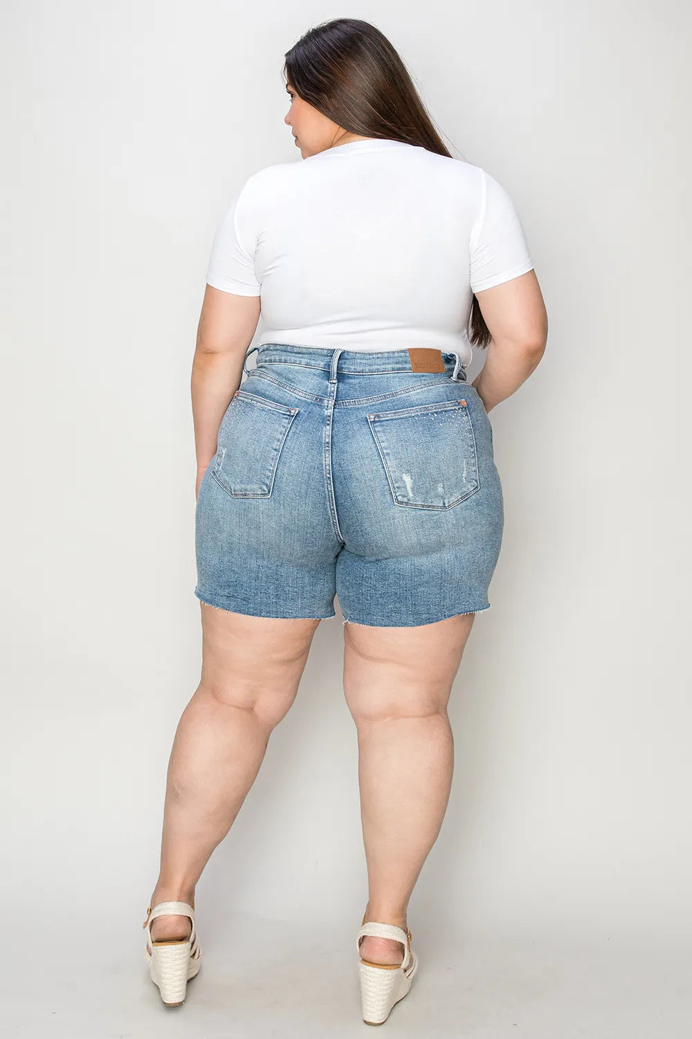 Plus Size High Waist Raw Hem Denim Shorts for Women