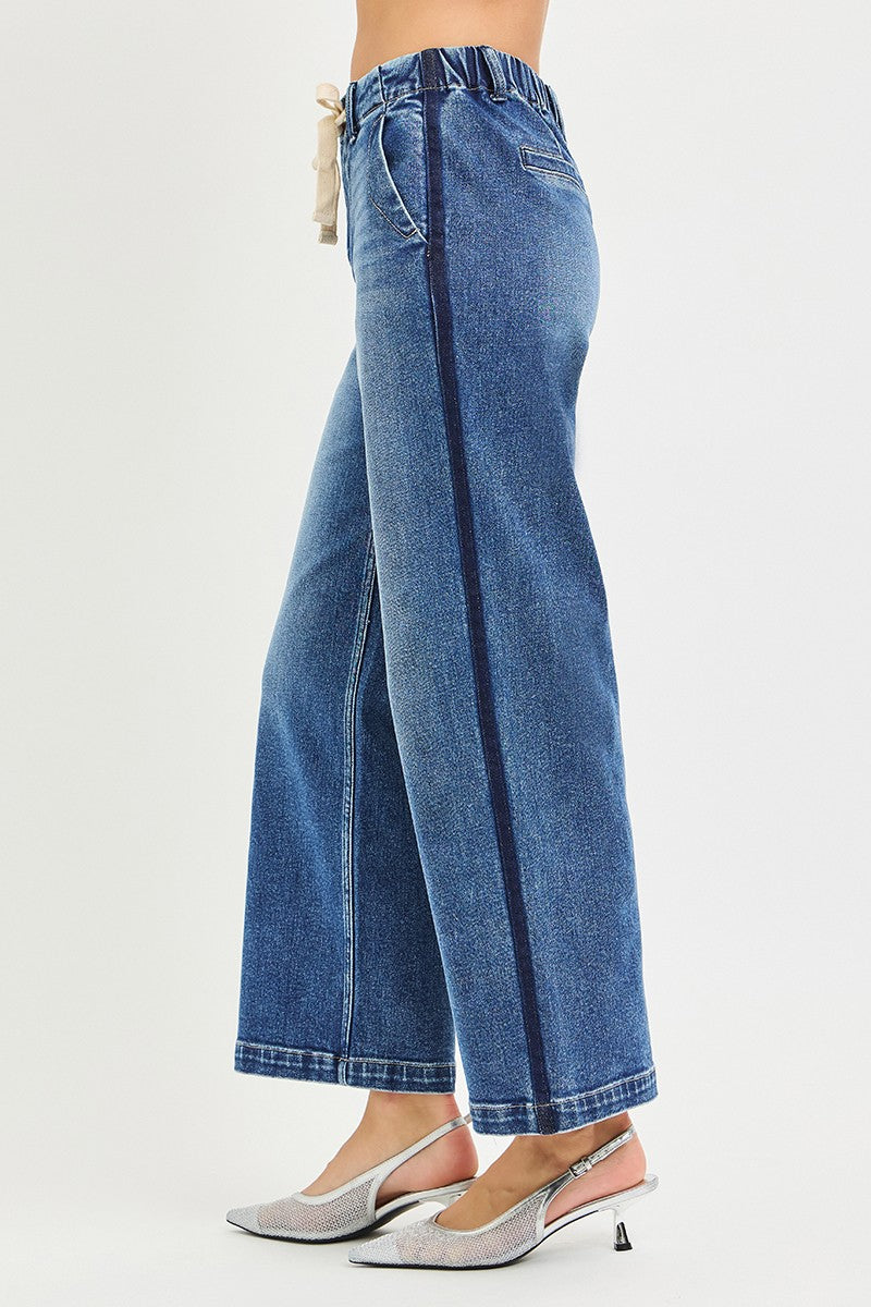 Elastic Band High Rise Cropped Wide Jeans in Medium for Women