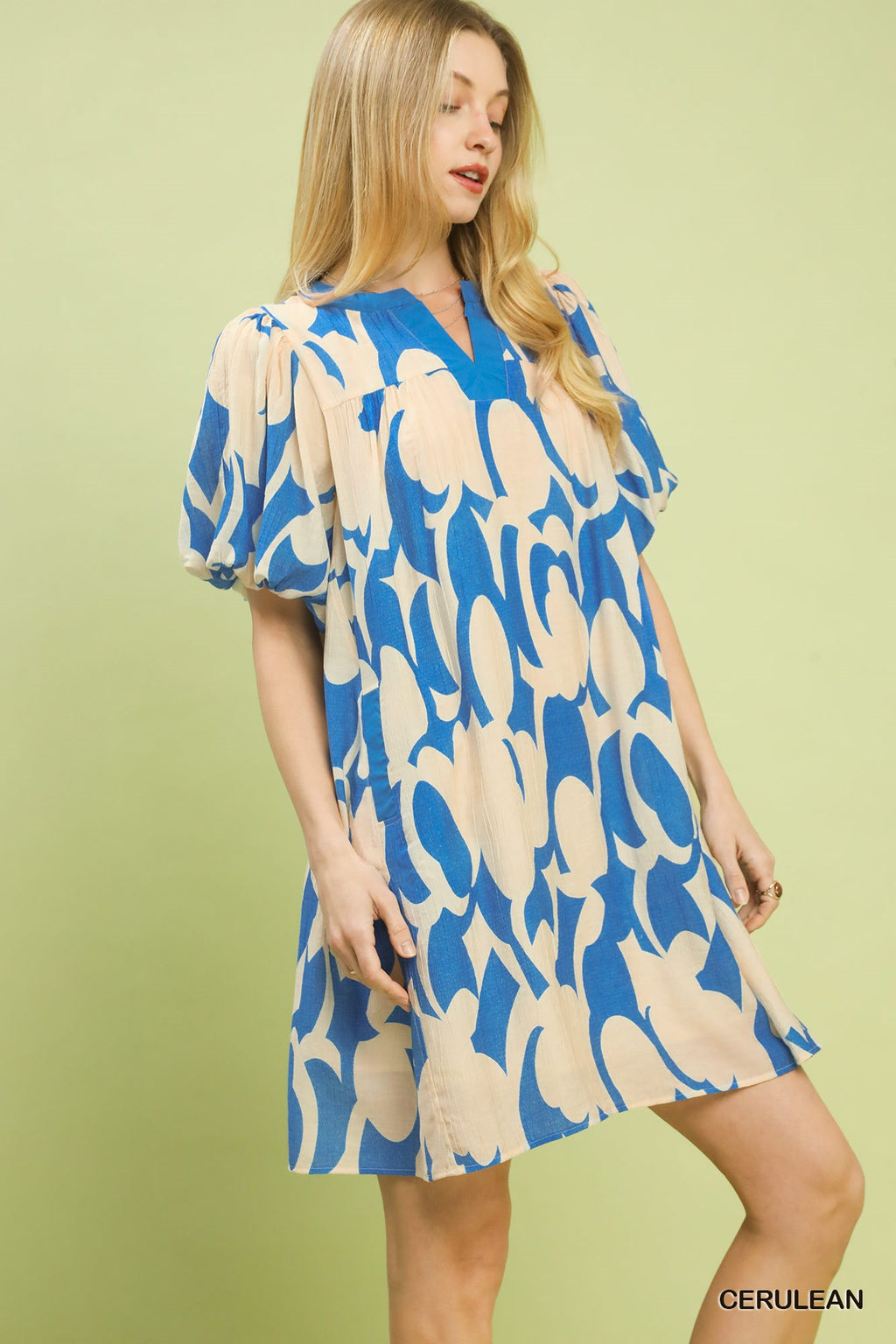 Abstract Print Puff Sleeve Shift Dress in Cerulean for Women