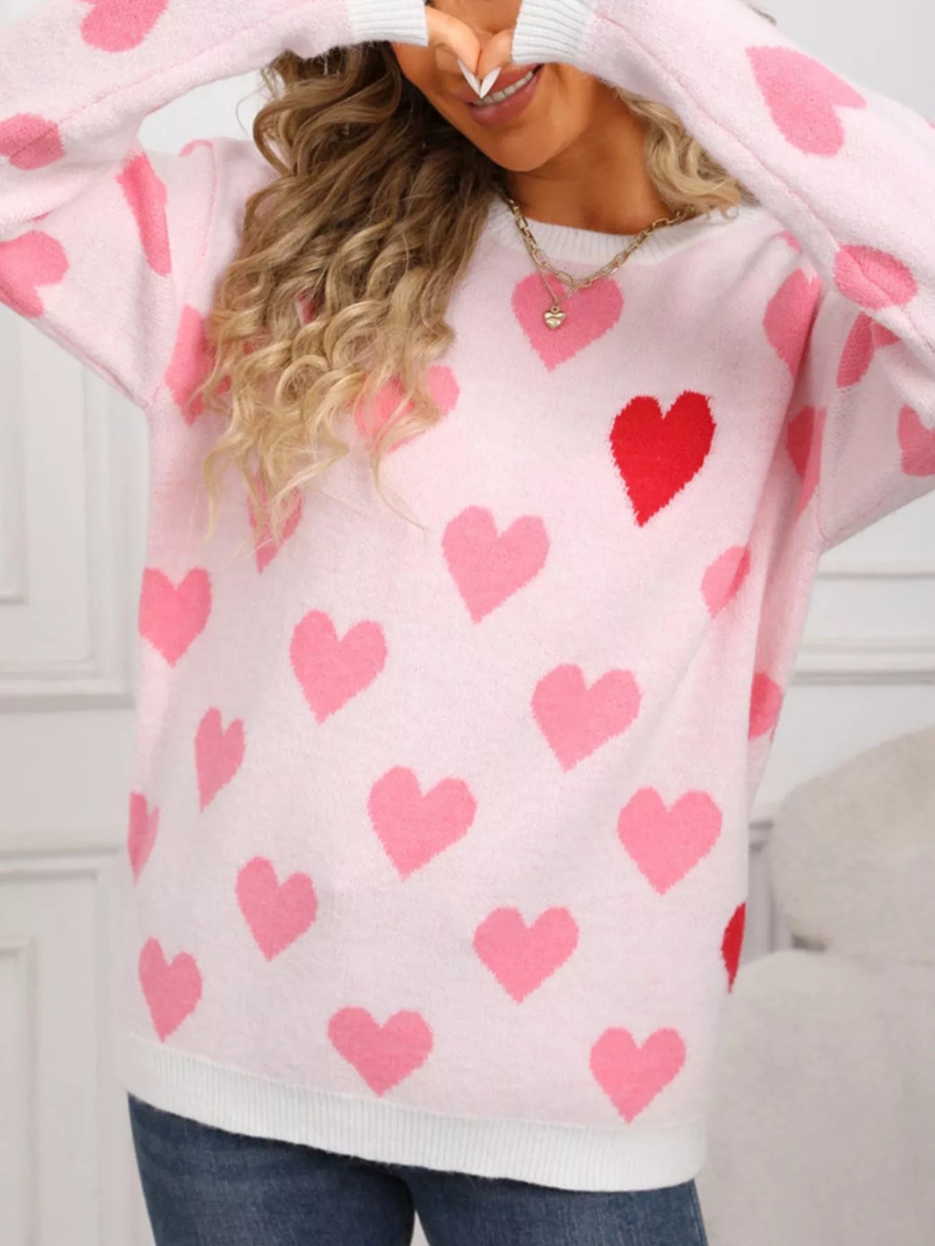Valentines Day Heart Crew Neck Sweater in White for Women