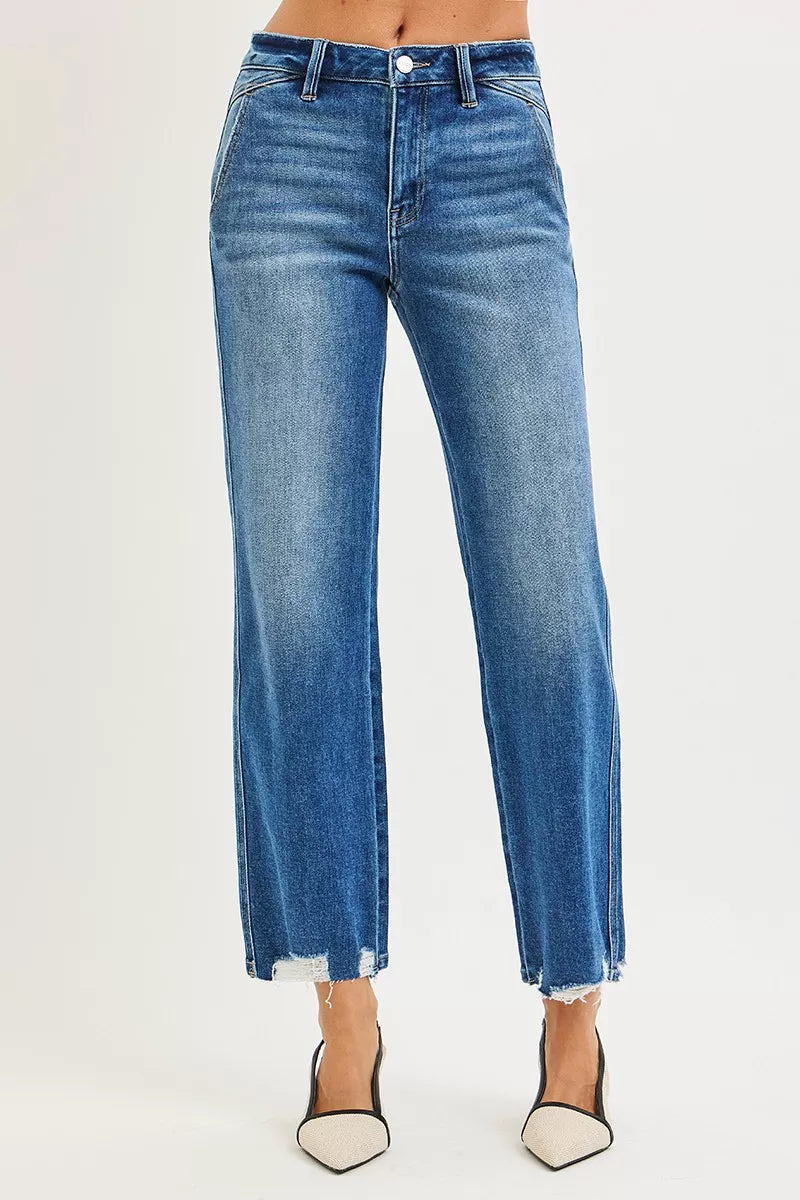 High Rise Ankle Straight Distressed Hem Detail Jeans in Dark for Women