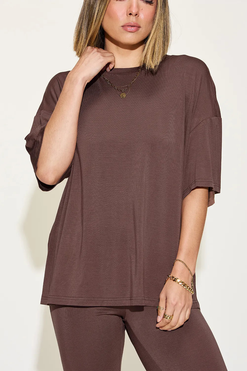 Plus Size Bamboo Drop Shoulder T-Shirt and Flare Pants Set in Coral for Women