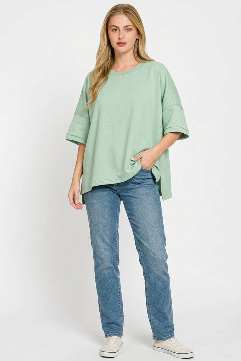 Scuba Round Neck Top with Side Slits Plus Size in Dusty Green for Women