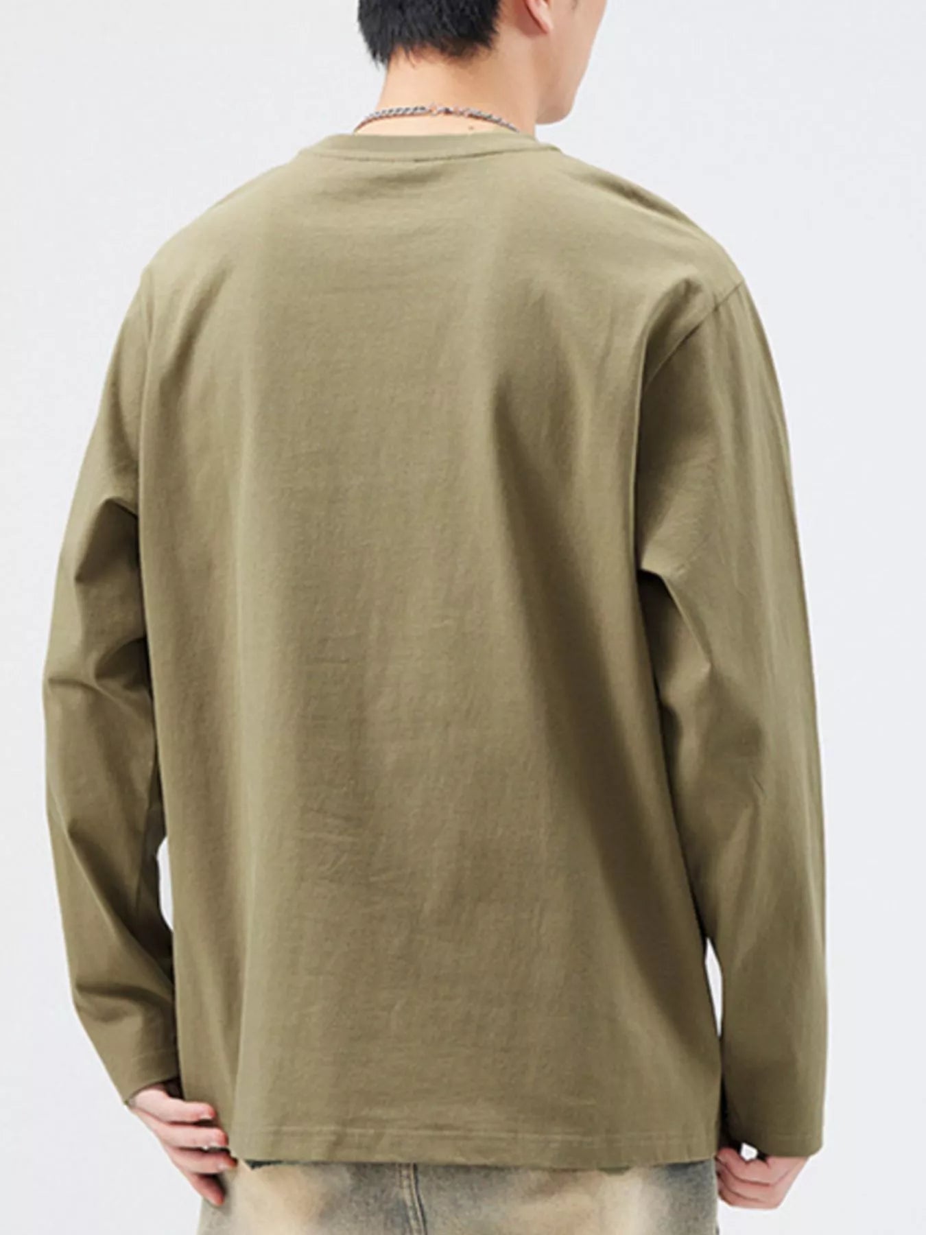 Plus Size Round Neck Long Sleeve T-Shirt in Khaki for Men