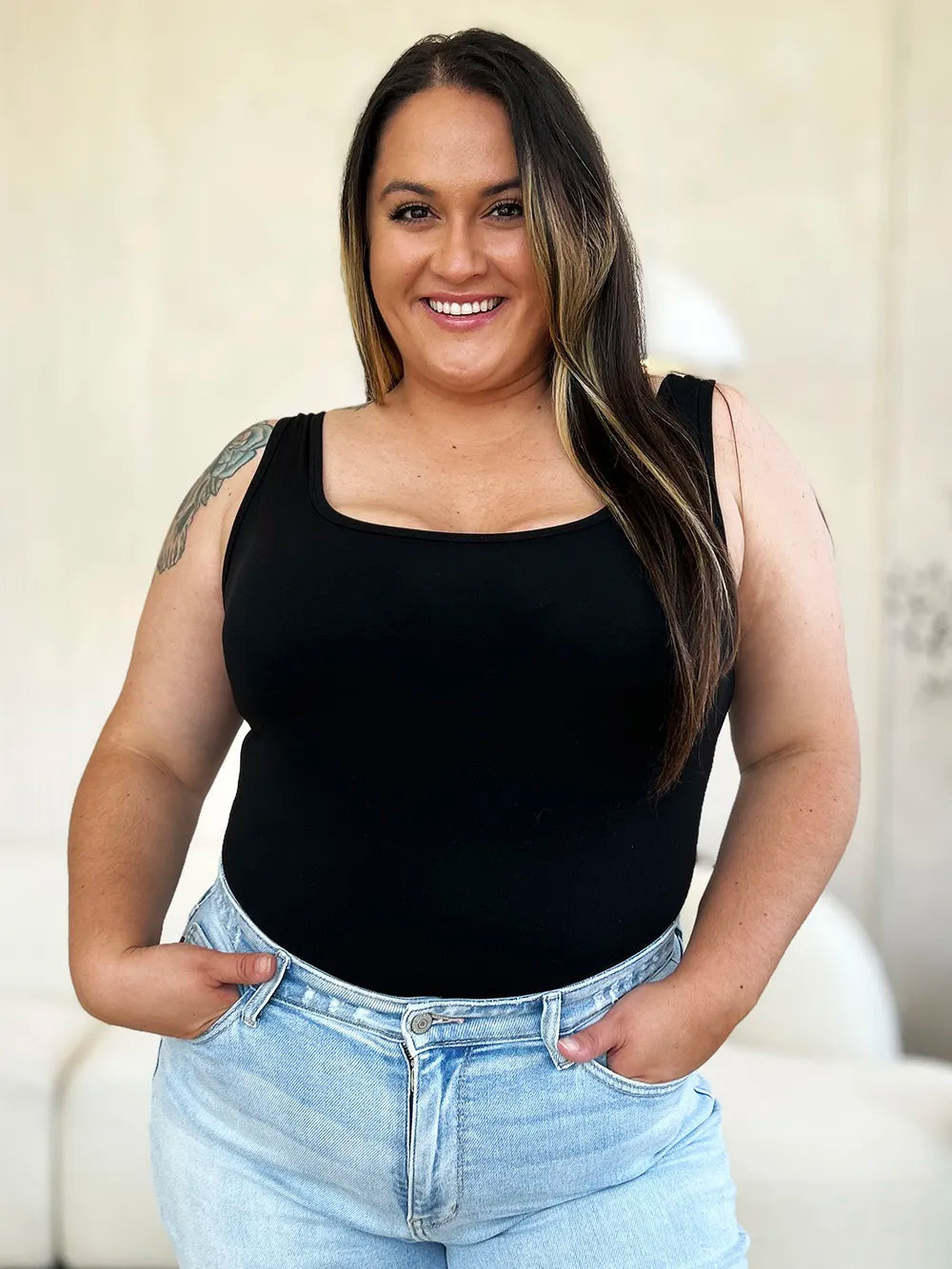 Plus Size Square Neck Sleeveless Bodysuit in White for Women