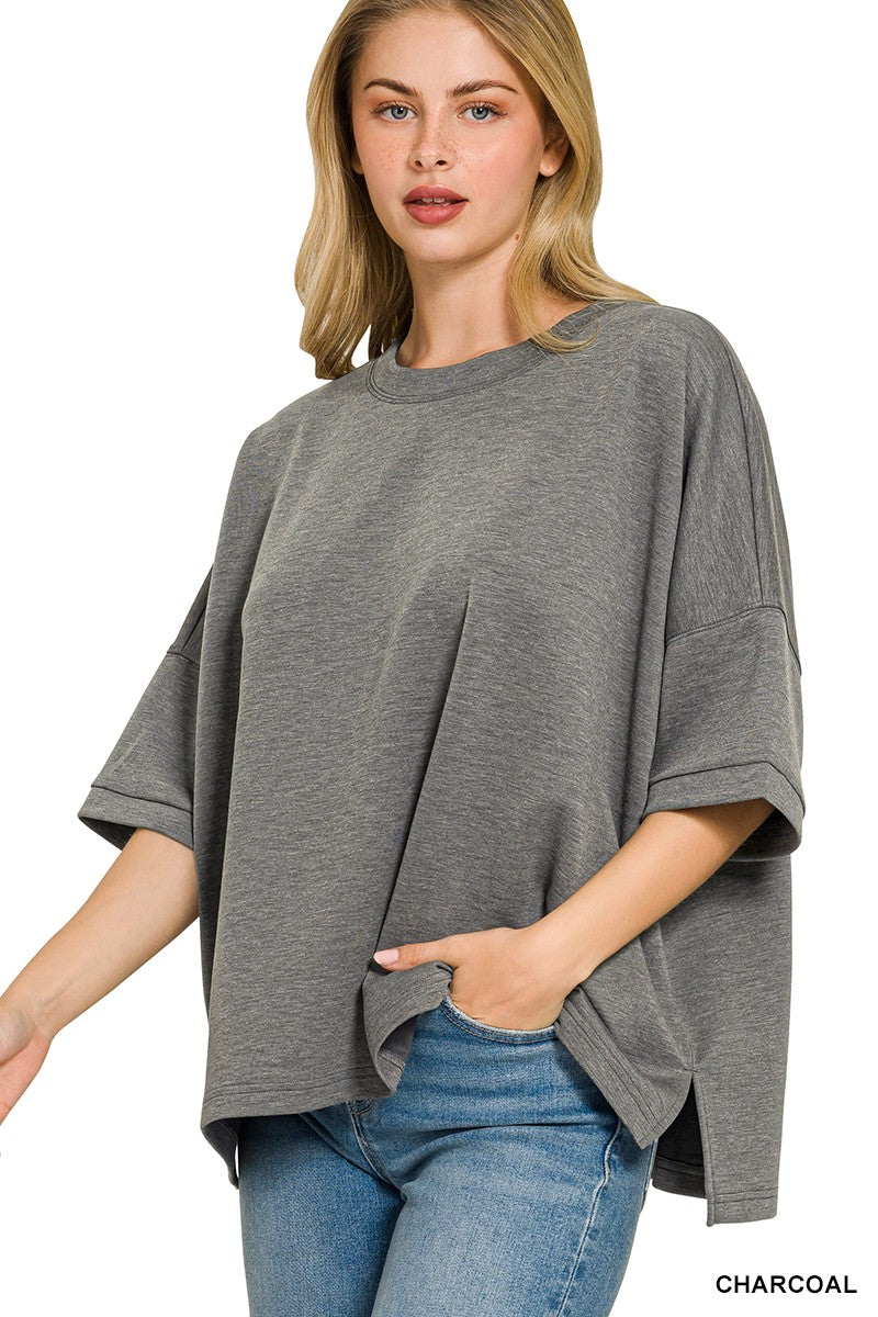 Scuba Round Neck Top with Side Slits Plus Size in Charcoal for Women