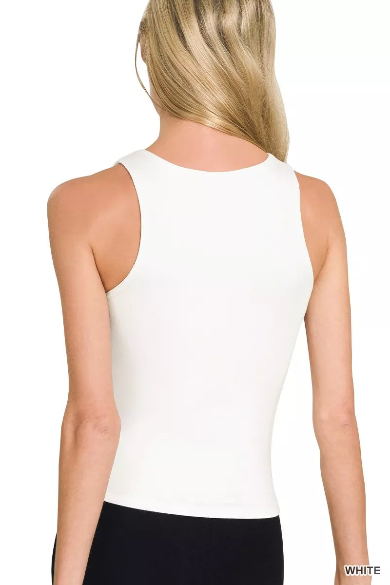 Premium Rayon Double Layered Round Neck Tank Top in White for Women