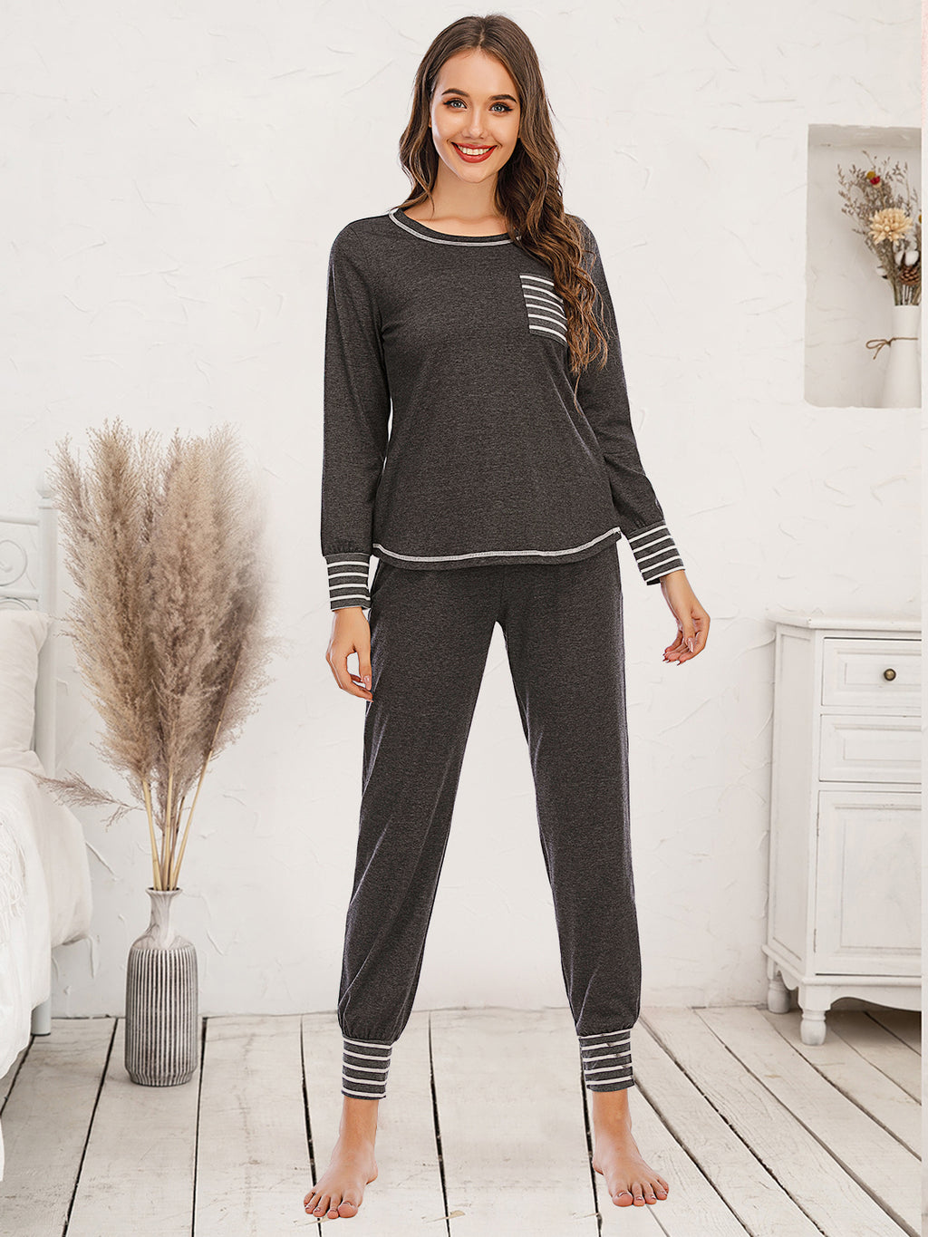 Round Neck Top and Pants Lounge Set in Charcoal for Women