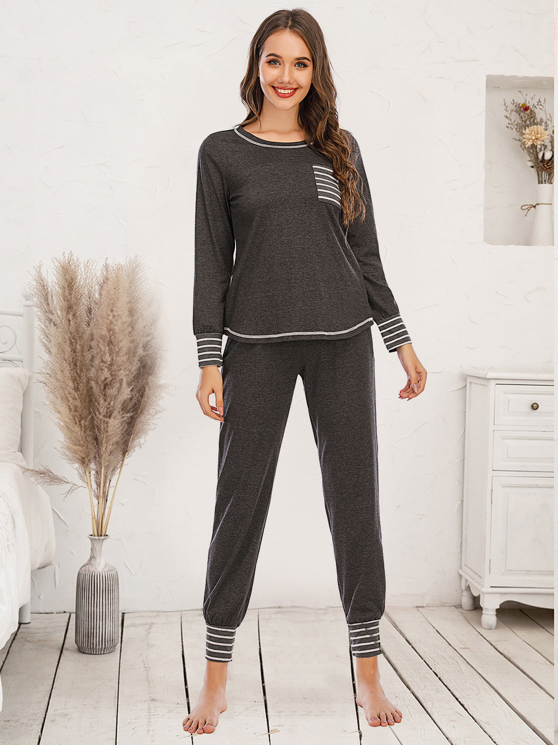 Round Neck Top and Pants Lounge Set in Charcoal for Women